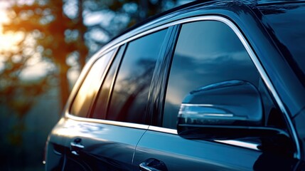 Obraz premium Close-up of a dark car door and side mirror reflecting the sunset in a natural outdoor setting