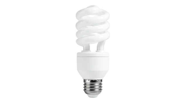 Bright white, spiral-shaped lightbulb against a solid black background, shining