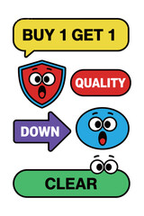 Cartoon Promotional Stickers with Buy 1 Get 1, Quality, Security, and Directional Emojis