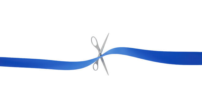 Ceremonial ribbon cutting: A pair of silver scissors snips a vibrant blue ribbon in anticipation of a grand opening. The clean lines and focused imagery convey the beginning of something new. - Powered by Adobe