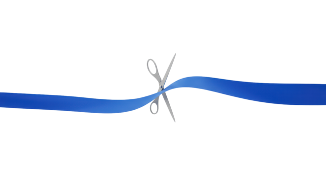 Ceremonial ribbon cutting: A pair of silver scissors snips a vibrant blue ribbon in anticipation of a grand opening. The clean lines and focused imagery convey the beginning of something new.