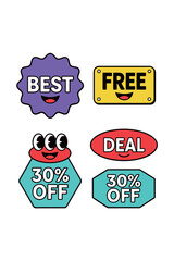 Best Free Deal and 30% Off Sale Stickers with Funny Cartoon Faces and Shapes