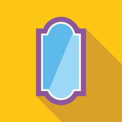 Rectangular mirror with purple frame hanging on yellow wall and reflecting light