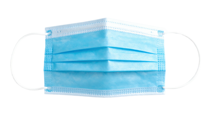 Single use, blue, rectangular protective face covering with ear loops, isolated