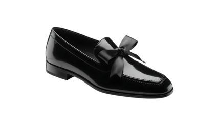 A single black patent leather loafer with a bow detail, isolated on a transparent background