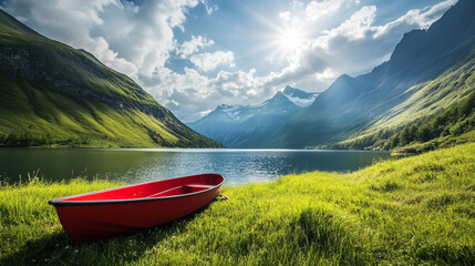 Idyllic mountain lake scenery with a red boat on the shore in the foreground