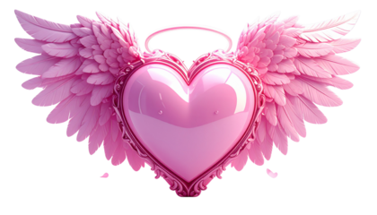 Angelic Heart Pink Heart with Wings, Halo, 3D Render, Love, Valentine's isolated on solid white background in Png