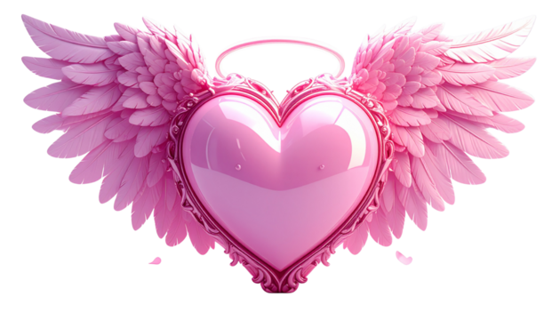 Angelic Heart Pink Heart with Wings, Halo, 3D Render, Love, Valentine's isolated on solid white background in Png