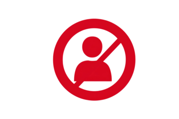 Red circle with a diagonal line over a person icon, signifying user prohibition, restricted access, or no people allowed. background removed