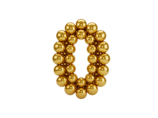 Golden number zero made of shiny metallic spheres, isolated on transparent background