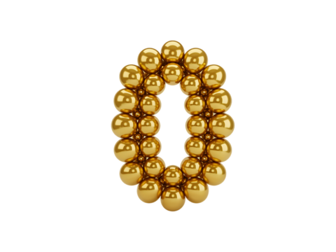 Golden number zero made of shiny metallic spheres, isolated on transparent background