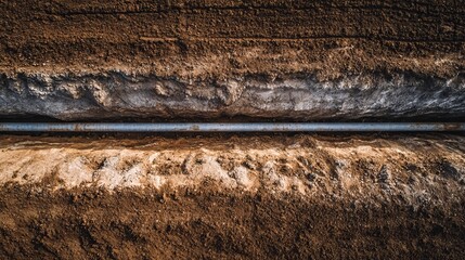 Underground utility pipe laid in trench showing layered earth and rock strata detail