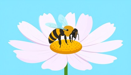 A cartoon bee rests on a large, light-pink cosmos flower, set against a light-blue backdrop.  The bee is depicted with striped black and yellow segments. The flower's center is a bright yellow disk