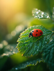 Fototapeta premium Close-up of ladybug on green leaf in sunlight