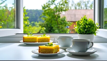 Lemon squares and coffee on a windowsill, view outdoors