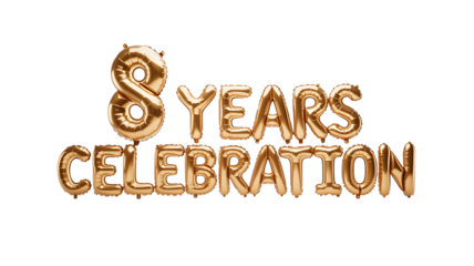 Golden balloons forming the text 8 years celebration isolated on transparent background