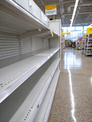Obraz premium Empty supermarket shelves indicating a shortage or supply issue.