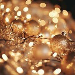 Sparkling Gold Christmas Ornaments Festive Lights Bokeh Background