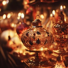 Elegant Gold Christmas Ornament Closeup Warm Festive Lights