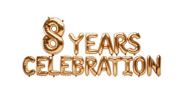 Golden balloons forming the text 8 years celebration isolated on transparent background