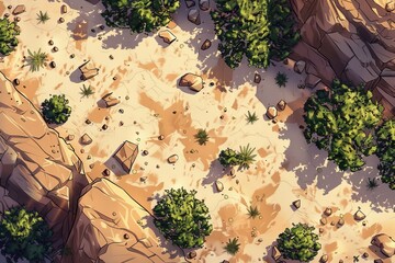 Dry desert canyon with rocky paths and shrubs. Arid land features steep cliffs under sunny skies. Quiet scene shows natural desert charm.