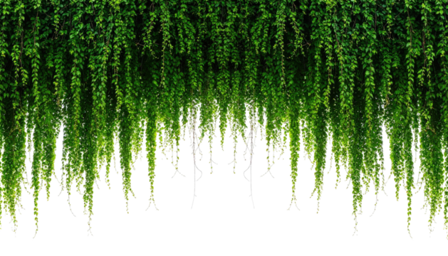 Lush green hanging vines, a wall of cascading foliage against pure black