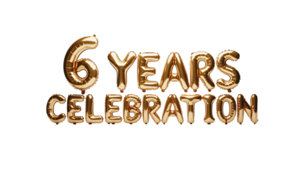 Golden balloons spelling out 6 years celebration isolated on transparent background