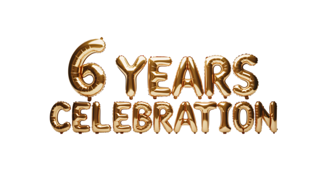 Golden balloons spelling out 6 years celebration isolated on transparent background