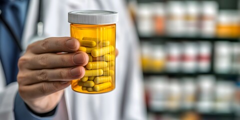 Doctor Holding Prescription Bottle Yellow Capsules Pharmacy Medicine