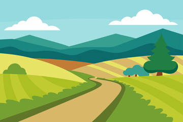 Scenic landscape with road fields and mountain views