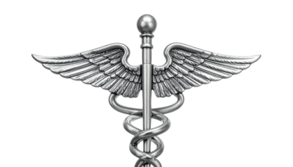 Silver Caduceus symbol on black background, wings spread, snake coiled