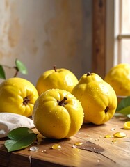 Fresh quinces, glistening with water droplets, sit on a rustic wooden table