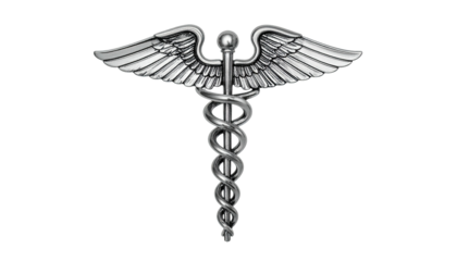 Silver medical symbol with intertwined snakes, wings, and a central staff