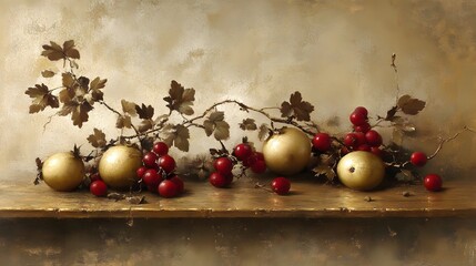 Golden Apples and Red Berries Still Life Painting