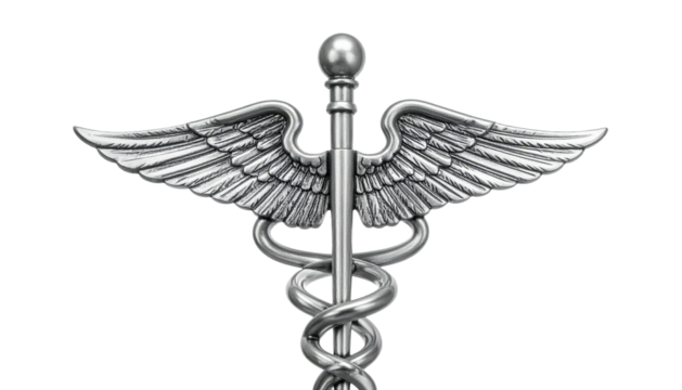 Silver Caduceus symbol on black background, wings spread, snake coiled