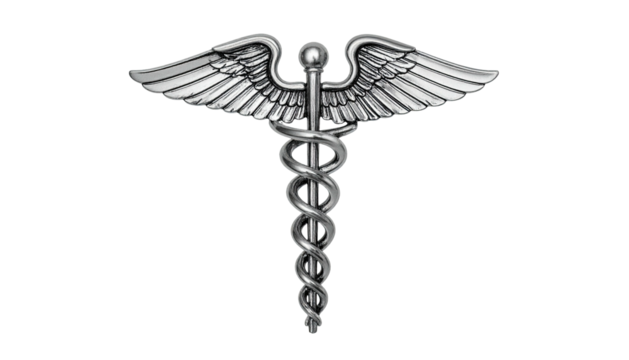 Silver medical symbol with intertwined snakes, wings, and a central staff