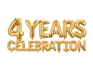 Golden foil balloons spelling out 4 years celebration isolated on transparent background
