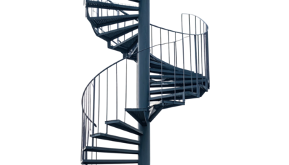 A detailed, isolated, metal spiral staircase against a black background