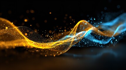 Abstract glowing wave formed from golden and blue particles against a dark background.