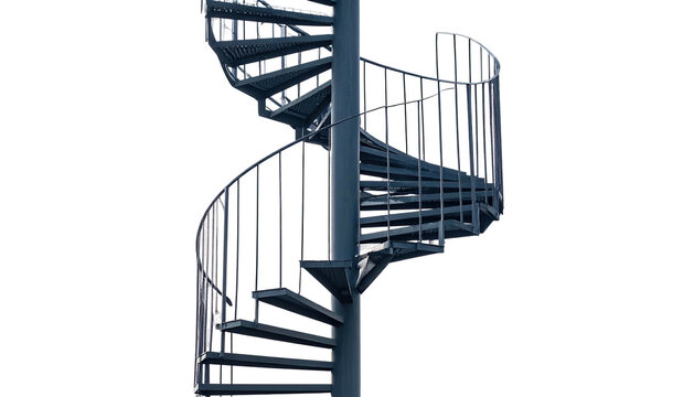 A detailed, isolated, metal spiral staircase against a black background