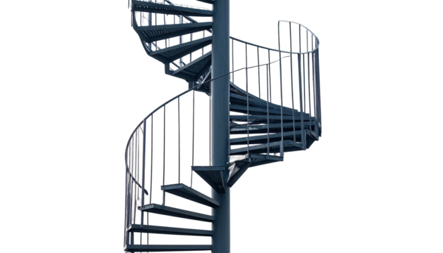 A detailed, isolated, metal spiral staircase against a black background