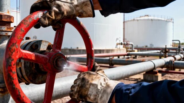 A worker in heavy-duty gloves uses both hands to turn a large red industrial valve on a pipeline at an oil refinery, with a small steam leak visible from the joint