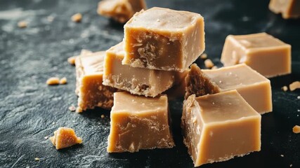 Sweet and creamy fudge pieces on dark surface
