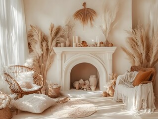 Cozy Bohemian Living Room Interior Design with Fireplace and Pampas Grass