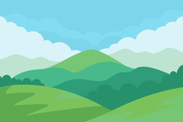 Landscape illustration of rolling hills and clouds