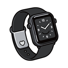 Cute Cartoon Black Smartwatch with Heart Icon and Analog Clock Face Illustration