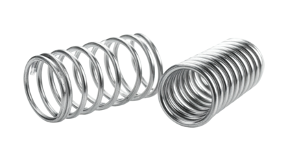 Two metallic coil springs, one compressed, rendered against a black background