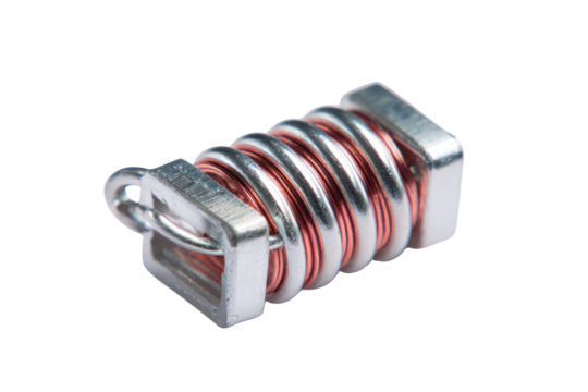 A close-up shot of an electromagnetic inductor, featuring copper wire tightly coiled around a silvery metallic core, a vital passive electronic component. background removed