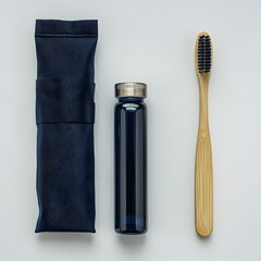Eco Friendly Travel Kit, Bamboo Toothbrush, Blue Bottle, and Travel Case