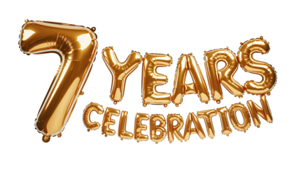 Golden number 7 balloons forming the text 7 years celebration isolated on transparent background